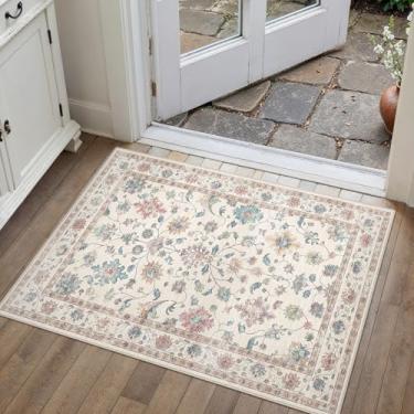 Imagem de HUGEAR Tapete de entrada 2x3 vintage colorido pequeno tapete lavável à máquina retro floral baixo tapete de pilha baixa aspirável envelhecido tapete entrada cozinha banheiro fazenda sala de jogos