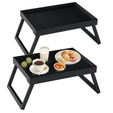 Imagem de Bandeja de cama de bambu com perna dobrável, café da manhã para comer, servir na cozinha, comida, sofá, lanches, mesa de jantar para laptop, 2 unidades (preto)