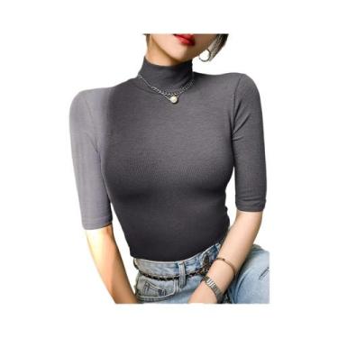 Imagem de Camiseta Branca Feminina Casual - Algodão, Gola Alta e Manga Curta, BR