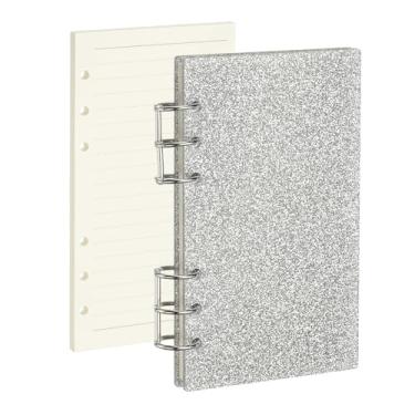Imagem de PATIKIL Capa para caderno com 6 anéis, fichário acrílico com glitter A6, 2 anéis redondos de metal prateado com 90 folhas, papéis internos forrados para planejamento de viagens, escritório, orçamento