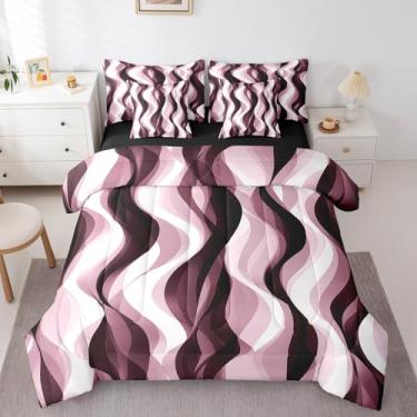 Imagem de Erosebridal Conjunto de edredom Queen com linhas geométricas rosa e preta, cama listrada em uma bolsa para mulheres minimalistas, homens e adultos, colcha de arte estética geométrica moderna, colcha