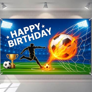 Imagem de HOMETITUTE Faixa de futebol feliz aniversário estádio esporte bola de fogo gol troféu jogador de campo silhueta feriado evento decoração faixa de aniversário festa interior exterior fundo 71x43