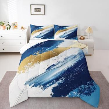 Imagem de Feelyou Conjunto de edredom infantil de arte abstrata, moderno, mármore, estético, azul escuro, pintura a óleo, para decoração de quarto de crianças, meninos, meninas, microfibra, ultramacia