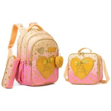 Imagem de Conjunto de Mochila Infantil 3 Peças, Corações e Laço, Mochila Escolar com Bolsa Térmica e Estojo (Rosa dourado)