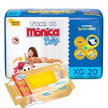 Imagem de Kit 01 Pacote Fraldas Turma da Mônica Jumbo + 140 Lenços Toalhas Umedecidas (XG)