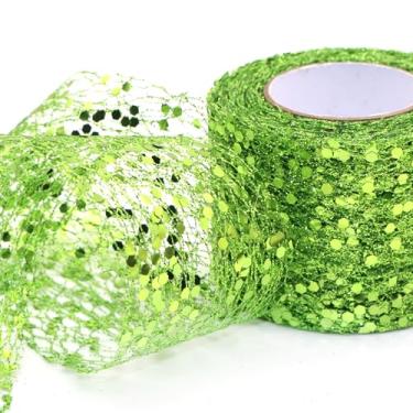 Imagem de Fita de malha brilhante de 10 metros de largura 5 cm de largura de organza metálica brilhante lantejoulas tecido de tule com borda de arame decorativo para embrulho de presente (verde fruta)