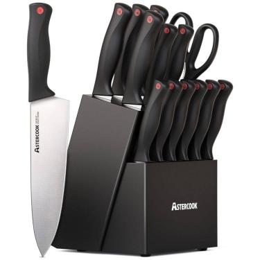 Imagem de Conjunto de Facas em Aço Inoxidável com Afiador Embutido e Bloco de Bancada 14 Peças, ASTERCOOK K15016P, Preto