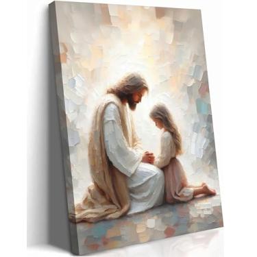 Imagem de Arte de parede emoldurada Jesus e menina, pintura espiritual cristã Jesus orando com criança, pôster, imagens religiosas, bíblicas, história, decoração de parede, imagens de fé de Deus para sala de