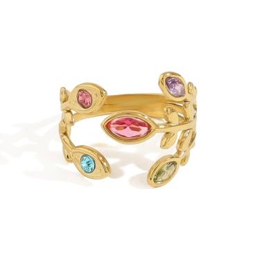 Imagem de LadayPoa Anéis ajustáveis de zircônia cúbica banhada a ouro 18 K, anéis de folha de flor aberta para mulheres, joias de aço inoxidável grosso, joia de pedra preciosa de cristal, moda redimensionável