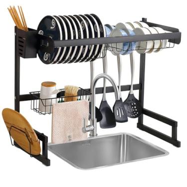 Imagem de Escorredor de Louças Multifuncional, Aço Carbono Preto, 65x51x31cm, com Suporte para Talheres, Tábuas e Utensílios, Montagem Sobre Pia