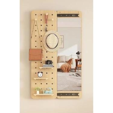 Imagem de Espelho de Corpo Inteiro com Armazenamento Oculto - Espelho Decorativo para Sala com Sistema Push-Pull, 100x55cm e Prateleiras Inclusas (Madeira)