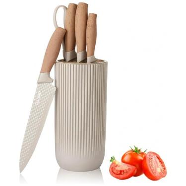 Imagem de Conjunto de Facas com Bloco de Bancada e Cabo Ergonômico, 6 Peças, Wiztoynia, Marrom Claro