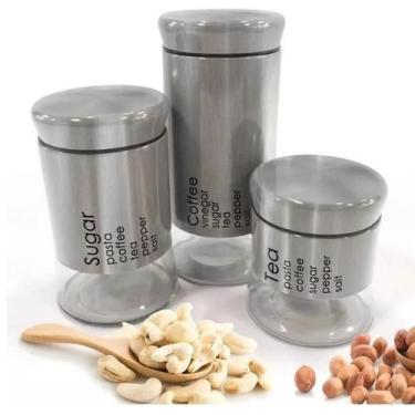 Imagem de Kit Porta Mantimentos e Condimentos 3 Peças Inox e Vidro Para Cozinha 
