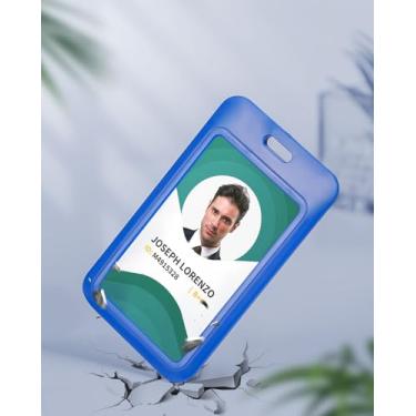Imagem de Pacote com 3 porta-crachá de identificação deslizante com janela transparente, protetor de cartão azul, estojo de plástico rígido vertical para escritório, escola, cartões de crédito, cartões de