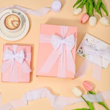 Imagem de 1 rolo de fita de chiffon branca feita à mão, fita de seda com franjas desgastadas de 3,8 cm x 5,47 m para festa de aniversário de casamento, Natal de 2025, presente de festa de ano novo, fitas