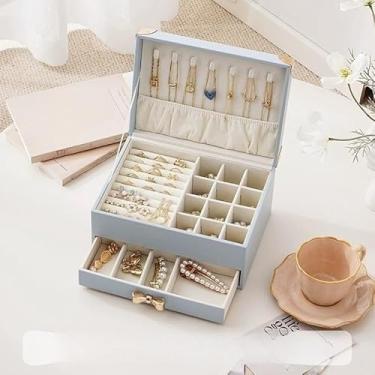 Imagem de Porta-Joias Feminino 3 Andares com Fechadura – Couro Sintético Luxo com Espelho e Compartimentos para Relógios, Brincos, Anéis e Colares (AZUL/2029)