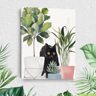 Imagem de Arte de parede emoldurada botânica de gato fofo, folhas verdes, plantas, boho, arte de parede, pinturas, decoração de parede, presentes exclusivos e amantes de gatos, imagem para sala de jantar, sala