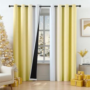 Imagem de Cortinas blackout amarelas ombré para quarto, painéis longos de 224 cm para quarto de meninas, gradiente, branco puro a amarelo, cortinas com eficiência energética com ilhós para sala de estar, 2