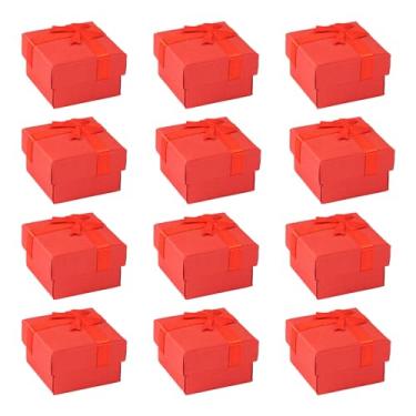 Imagem de Colar brinco caixa de exibição de joias 12 peças pequenas caixas de presente de joias caixa quadrada de anel de papelão com tampa laço para Natal, aniversário, casamento, aniversário, vermelho