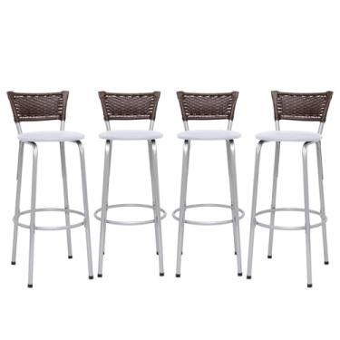 Imagem de Kit 4 Banquetas Alta Junco Argila Estrutura Prata 70cm Para Balcão Ilha Bancada Cozinha Bar Bistrô Americano - Itagold (Assento Branco)