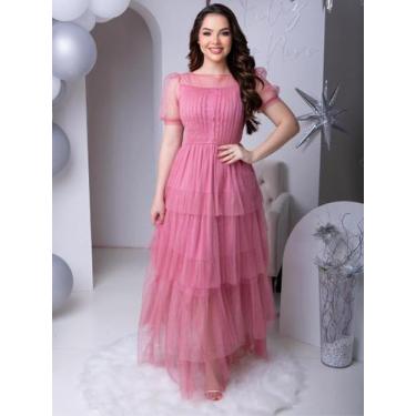 Imagem de Vestido de Festa Longo Rodado Soltinho com Brilho de Tule Transparente