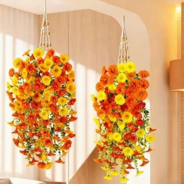 Imagem de 2 peças de flores artificiais para pendurar, flores brancas para pendurar, glória matinal de seda sintética resistente para decoração de varanda e pátio e jardim