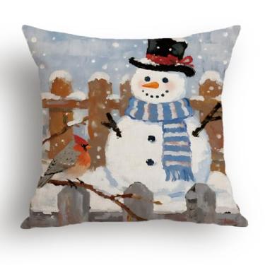 Imagem de Vibes aconchegantes de inverno, capas de almofada quentes de inverno, boneco de neve na cerca decoração de casa de fazenda, decoração de sofá-cama, capas de almofada para decoração de casa de Natal