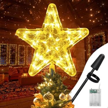 Imagem de Topper de árvore de Natal dourado iluminado – suporte estabilizador de topo de árvore que não oscila, inclui estrela de árvore cintilante operada por bateria de 23 cm com 30 luzes de LED, decorações