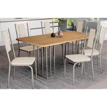Imagem de Conjunto Mesa De Cozinha Duina Com Tampo De Madeira 160cm E 6 Cadeiras Lisboa Niquel Freijó Courano Bege Kappesberg