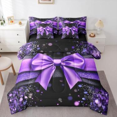 Imagem de Erosebridal Jogo de cama solteiro com laço de fita kawaii, 7 peças, com lençóis, gravata borboleta roxa em uma bolsa, conjunto de cama de princesa