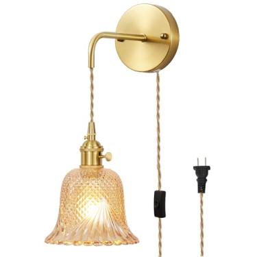 Imagem de YJQHXY Arandela de parede com plugue elegante luminária de parede de vidro estilo vintage com luzes espelhadas montadas em fio ajustável de 15 m, perfeitas para quarto de cabeceira