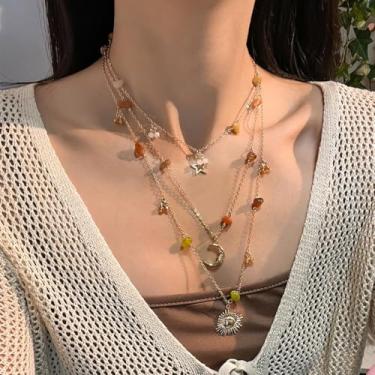 Imagem de Boho Colar de corrente de metal com pedras de cristal multicamadas para mulheres, estrela, lua, sol, cascalho, pingente, gargantilha Y2K