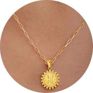 Imagem de Colar com inicial para mulheres, colar com pingente de letra, corrente de clipe de papel, joia de monograma, moeda do alfabeto, pronto em camadas, 14+2in, Aço inoxidável, Sem Pedra Preciosa