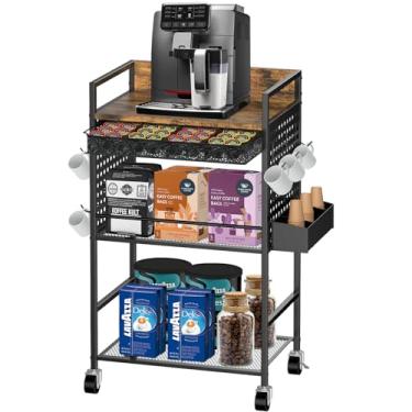 Imagem de Kwynsa Armário de café com tomada, carro de café com rodas bloqueáveis, suporte de cápsulas de café, para escritório, sala de estar e espaço pequeno, (marrom rústico)