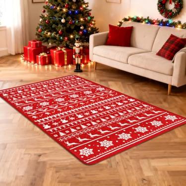 Imagem de Tapete de Natal 7 x 12 cm vermelho vintage floral antiderrapante para sala de estar, tapete de interior festivo lavável de pilha baixa