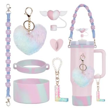 Imagem de Rabrgab Conjunto de 7 peças de acessórios para copo Stanley com alça, decoração de copo feminino para meninas para 1,134 g, 850 g, 590 g, incluindo topo de palha de coração, pingentes de coração, bota