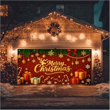 Imagem de HOMETITUTE Capa de porta de garagem de Natal 4 x 1,8 m Feliz Natal bandeira com letras douradas laço vermelho pinho verde decoração de férias ao ar livre interior cenário sazonal caixas de presente