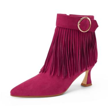 Imagem de Perisis Botas femininas com franjas, salto gatinho, preto, bico fino, camurça, cano curto, com zíper lateral, Rosa choque, 36