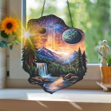 Imagem de Apanhador solar de acrílico colorido, apanhador de sol estilo vitral impresso em paisagem com reflexos de arco-íris, arte de parede para decoração de janela suspensa, ornamentos de Natal para uso