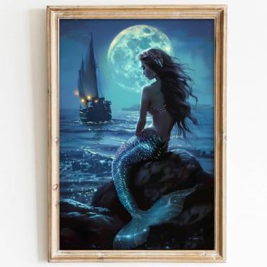 Imagem de Pintura de sereia vintage lua cheia arte de parede em tela imagens de veleiro costeiro pôster de paisagem gótica arte de sereia arte de parede paisagem do mar pintura feminina vintage lua escura