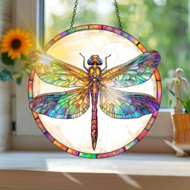 Imagem de Acrílico colorido Suncatcher, apanhador de sol estilo vitral impresso libélula com reflexos de arco-íris, decoração de janela suspensa, decoração de parede, ornamentos de Natal para uso interno e