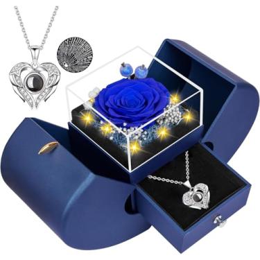 Imagem de moshen Caixa de presente rosa preservada com luzes LED, arranjo floral vermelho, vitrine de joias românticas para o dia dos namorados, aniversário, aniversário (azul)