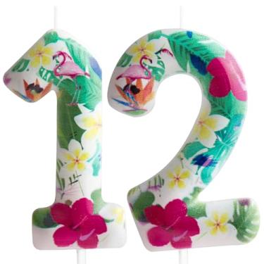 Imagem de Vela de 12º aniversário flamingo número 12 velas decoração de bolo flamingo branco flores havaianas tropicais temáticas para crianças, meninos, meninas, artigos de decoração de festa de aniversário