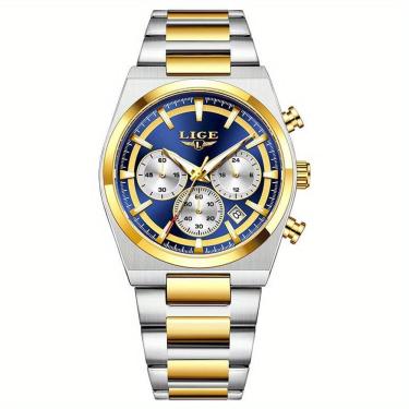 Imagem de Relógio Esportivo Masculino Quartzo Multifuncional Sofisticado Em Aço Inoxidavél 3atm Azul Dourado
