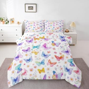 Imagem de Feelyou Jogo de cama solteiro com borboleta, floral, jardim, flor, para decoração de quarto de crianças, meninos, meninas, plantas, azul, roxo, microfibra, ultramacio, respirável