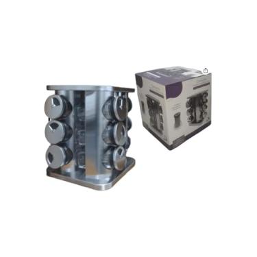 Imagem de Porta Condimentos Giratório com Base de Bambu, 12 Potes de Vidro, 90ml, Inox, 21,5x19,5cm, 360 Graus