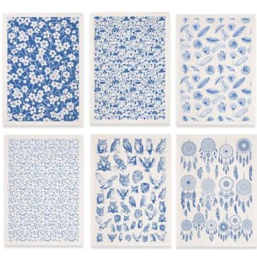 Imagem de SUPERDANT 6 peças de transferência sob o esmalte de cogumelo coruja para cerâmica apanhador de sonhos flores papel de transferência de argila decalques de cerâmica azul adesivos de transferência para