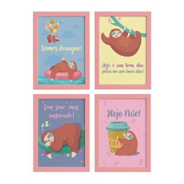 Imagem de Quadros Bicho Preguiça Moldura Rosa 22x32cm 4un - Quartinhos