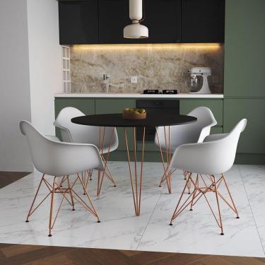 Imagem de Mesa Jantar Redonda 110Cm Preta Clips 3 Pés Com 4 Poltronas Brancas Base Cobre Preto