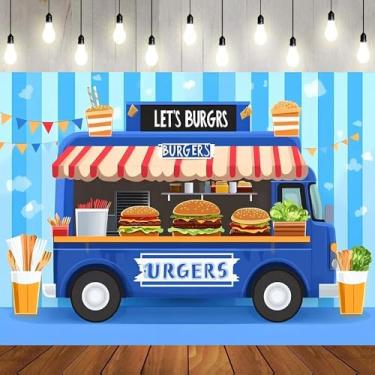 Imagem de Hambúrguer azul caminhão hambúrguer fotografia tema culinária fast food Photogarphy fundo meninos meninas crianças aniversário chá de bebê decoração de festa retrato foto cabine adereços (A, 2,8 x 5